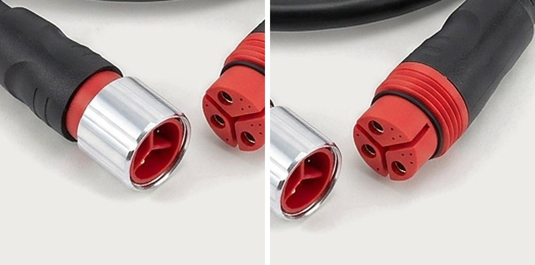 Close-ups of a red 11-pin screw-lock hub motor plug: male plug with silver ring and female plug with red body