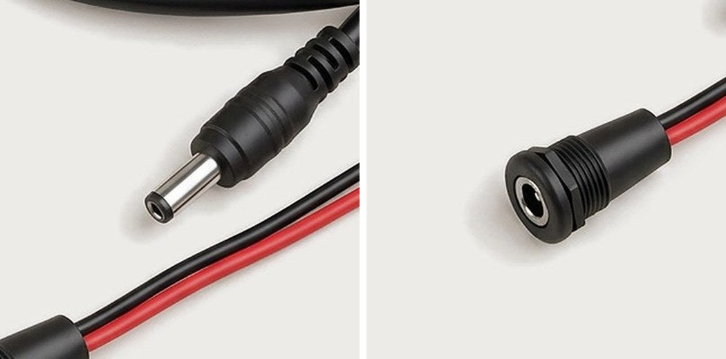 Close-ups of a DC barrel plug with a small pin in the centre on the left, and the matching round socket on the right