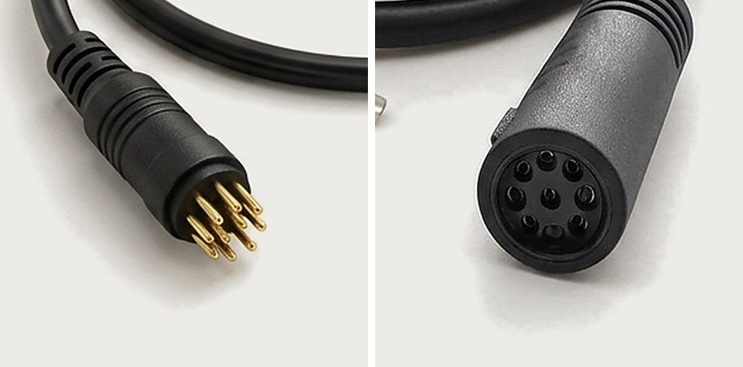 Close-ups of a 9-pin motor plug: male plug with nine gold pins on the left, female plug with nine sockets on the right