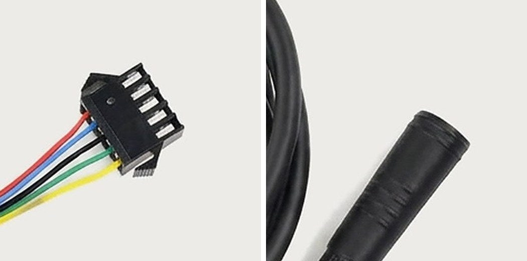 Close-ups of the two ends of one display cable: a 5-pin SM plug with coloured wires on the left, a 5-pin round waterproof plug on the right