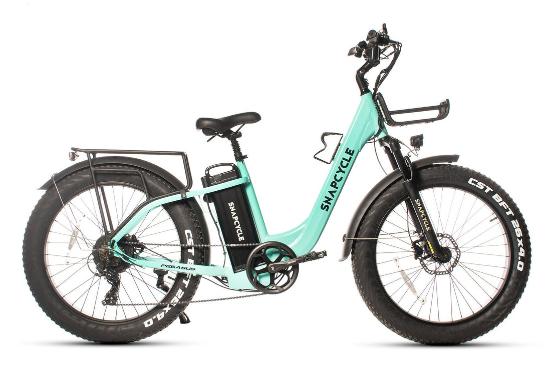 Snapcycle Pegasus Lite step-through e-bike, side view showing low standover frame