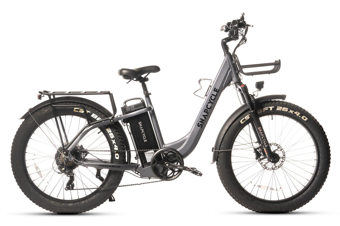Snapcycle Pegasus Lite e-bike side view with the removable lithium battery pack visible on the down tube