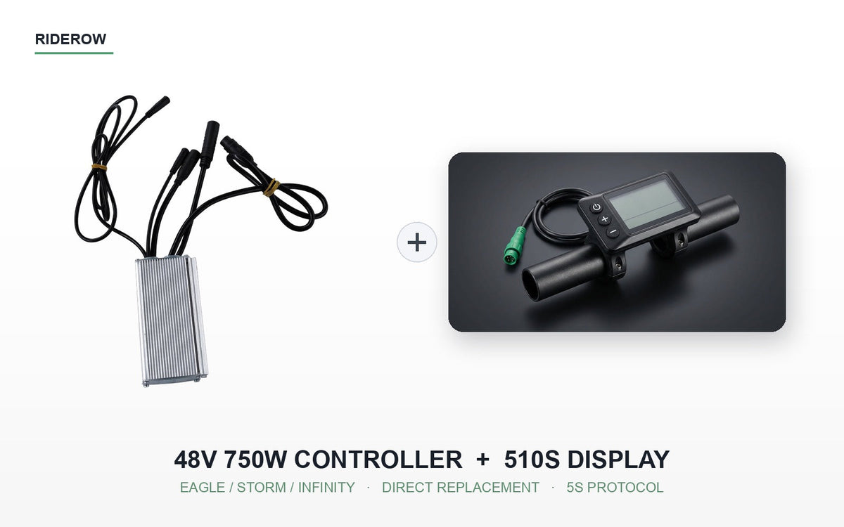 A silver aluminium controller on white with a bundle of black cable leads ending in round waterproof plugs, beside a black LCD display clamped to a section of handlebar, its lead finishing in a green five-pin connector.