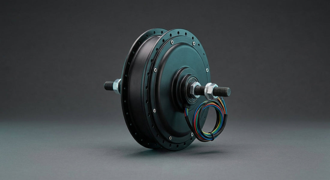 A bare rear hub motor seen from the side: its threaded axle and axle nuts protrude from both sides of the motor shell, the spoke flange holes are still empty, and the phase and hall cable is coiled beside it