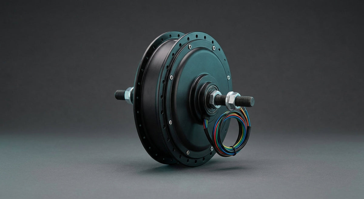 A bare rear hub motor seen from the side: its threaded axle and axle nuts protrude from both sides of the motor shell, the spoke flange holes are still empty, and the phase and hall cable is coiled beside it