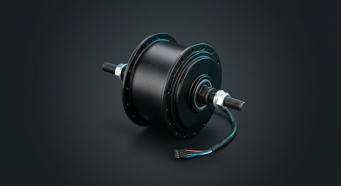 A bare hub motor: motor shell with empty spoke flanges and its phase and hall cable, not yet laced into a rim
