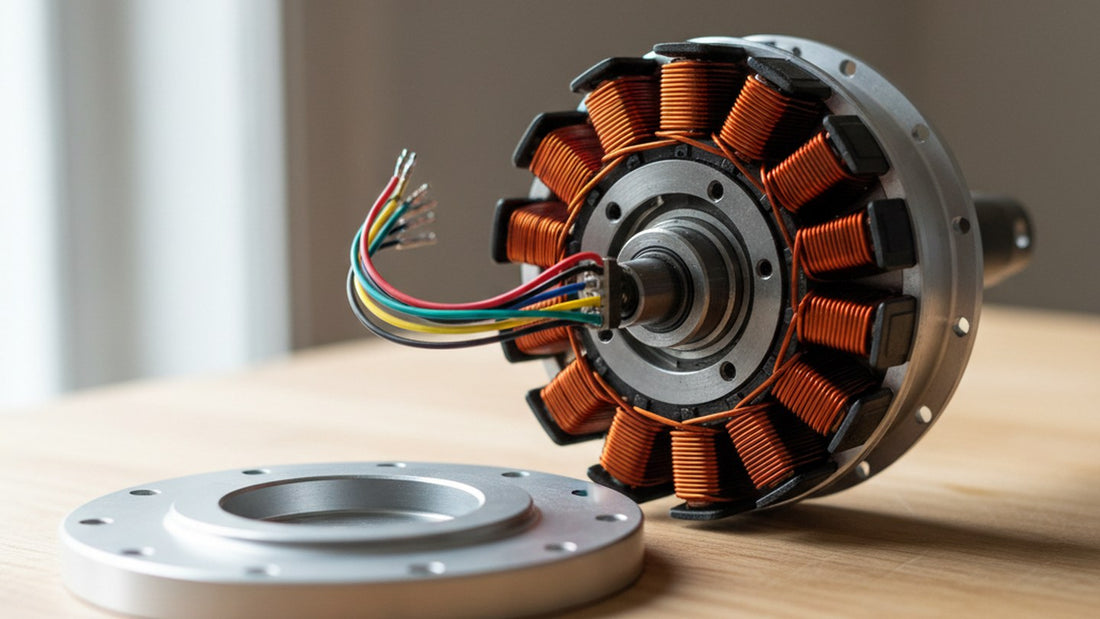 An opened hub motor on a light wood bench showing copper stator windings, a bundle of red, yellow, green, blue and black wires emerging from the axle, and the aluminium side cover lying beside it.