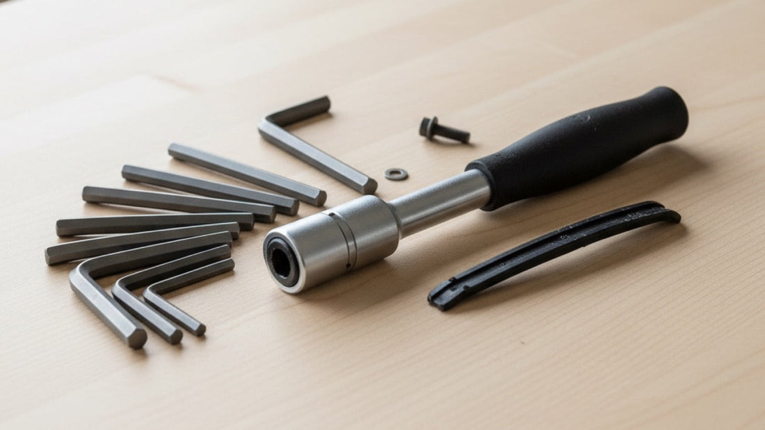 A set of nine hex keys fanned out on a pale wood bench beside a socket driver with a black grip, a single bolt with its washer, and a short black plastic lever.