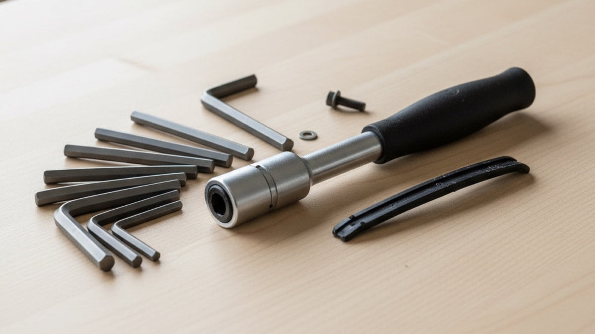A set of nine hex keys fanned out on a pale wood bench beside a socket driver with a black grip, a single bolt with its washer, and a short black plastic lever.