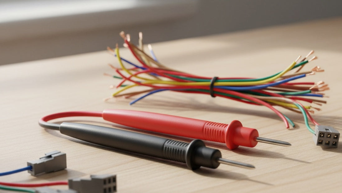 A red and black test probe lying on a light wood bench beside a tied bundle of colored wires with stripped copper ends and several unplugged multi-pin connectors.