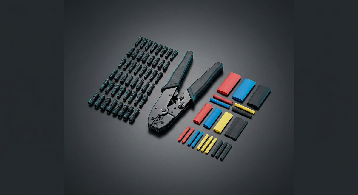 Waterproof connector crimping kit on grey: rows of small black bullet connectors with teal inserts, a black-and-green crimping plier at centre, plus red, blue, yellow and black heat-shrink tubing in assorted lengths.