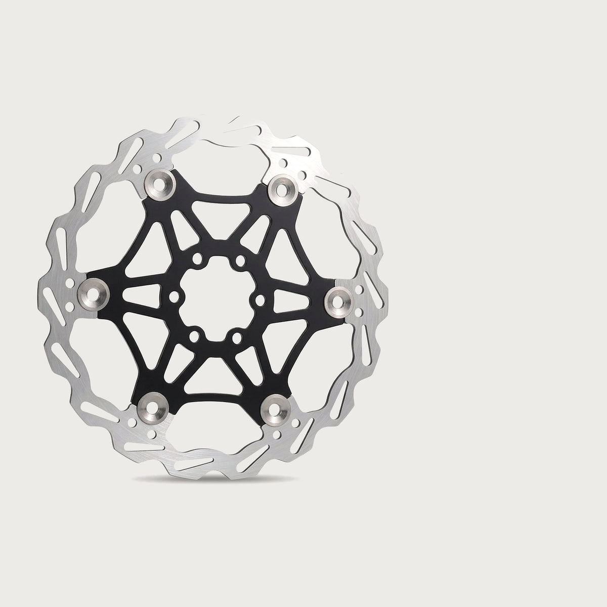 Black and silver 6-bolt floating disc brake rotor