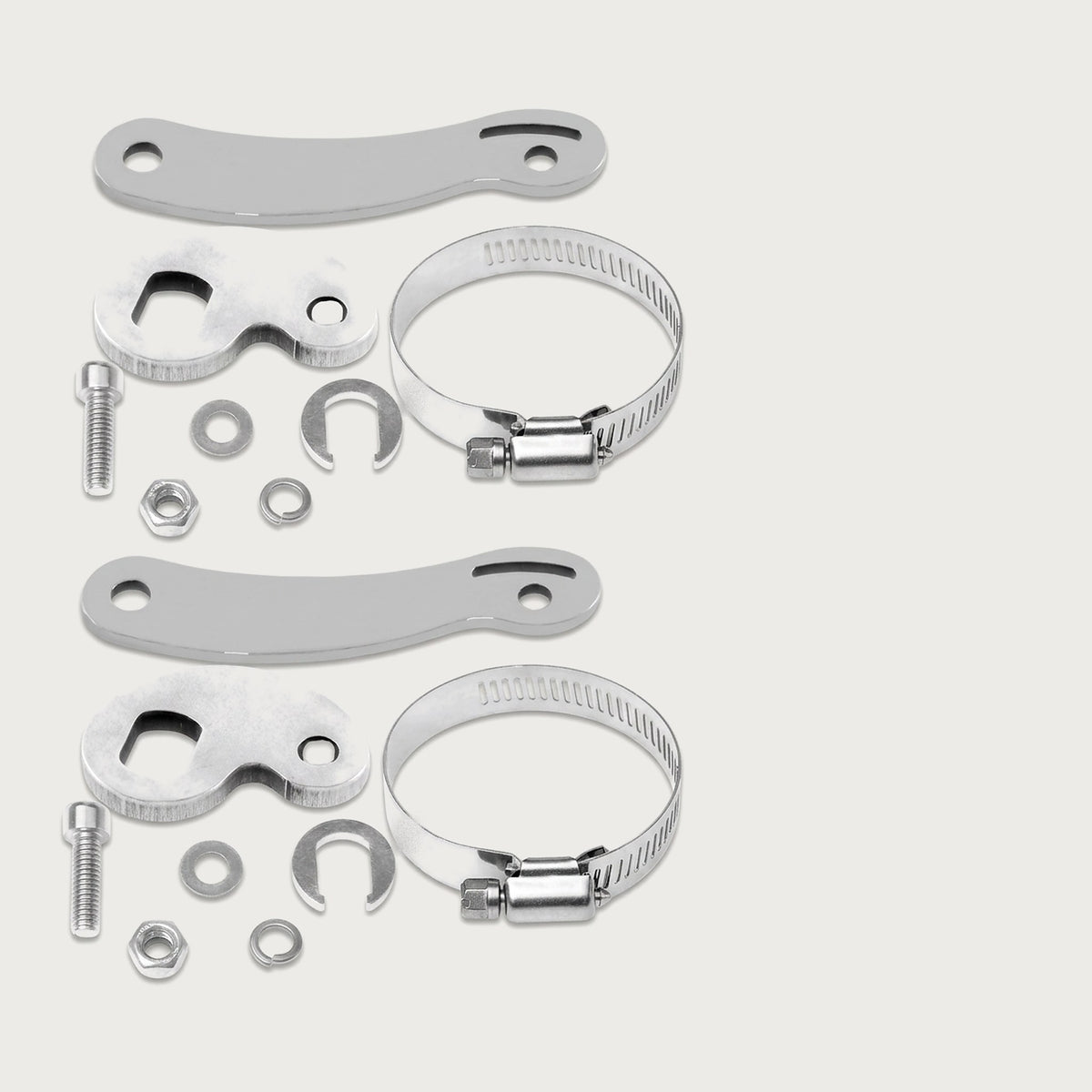 Two sets of stainless steel torque arm parts with clamps, bolts, nuts and washers