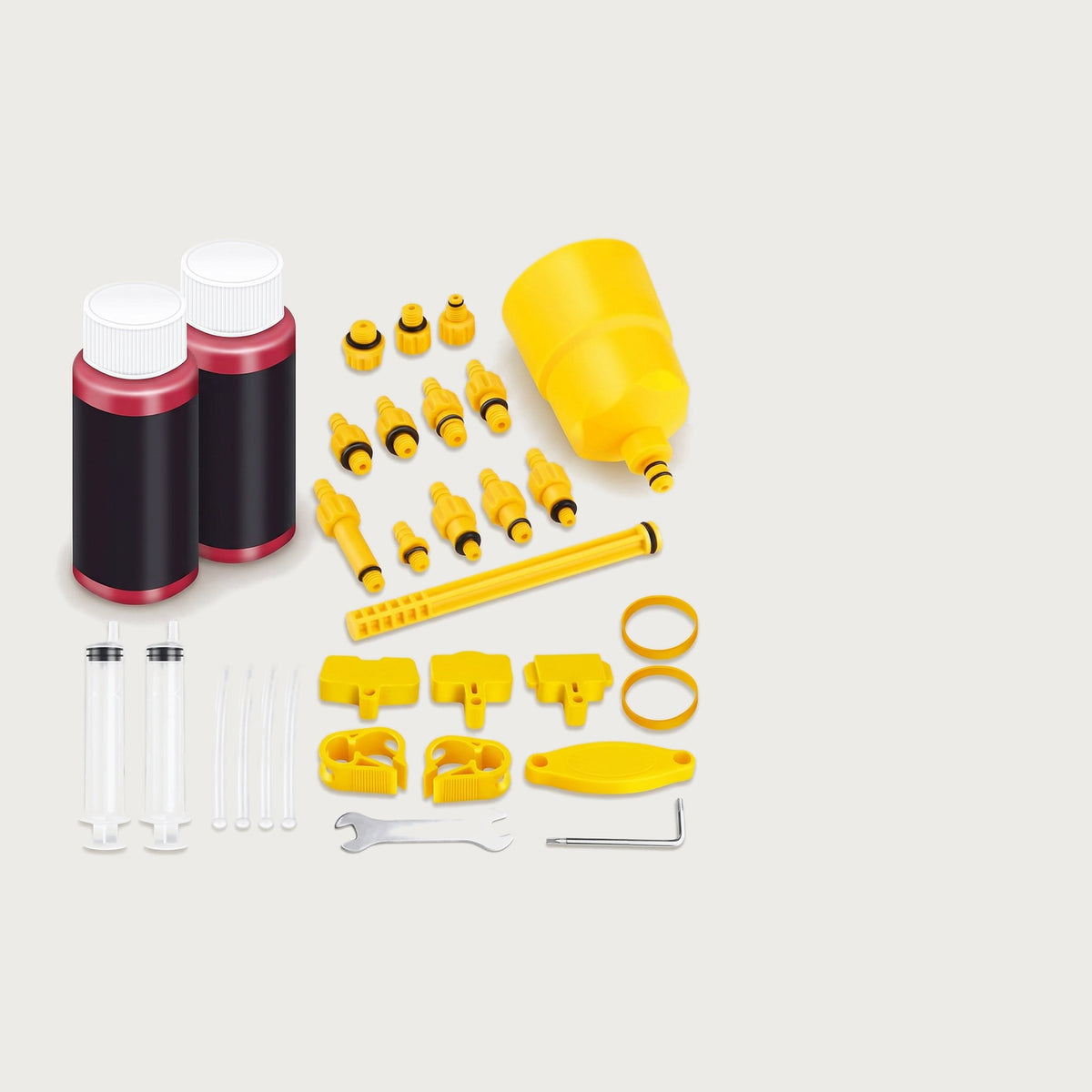 Hydraulic disc brake bleed kit with mineral oil bottles, syringes, funnel and adapters
