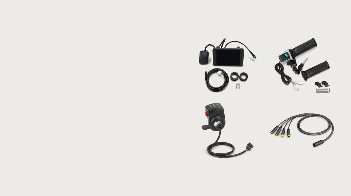 E-bike replacement parts: LCD display kit, twist-grip and thumb throttles, and a wiring harness