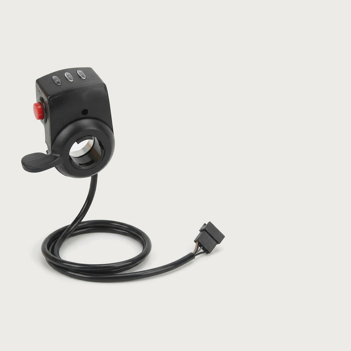 Thumb-paddle e-bike throttle with LED battery gauge on a light gray background