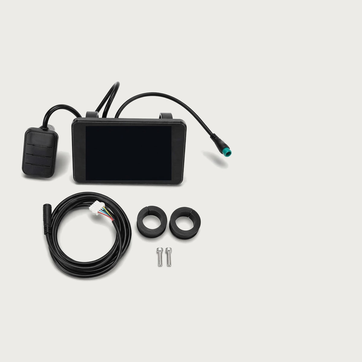 Universal e-bike display kit: display, remote button pad, adapter cable, clamp rings and screws