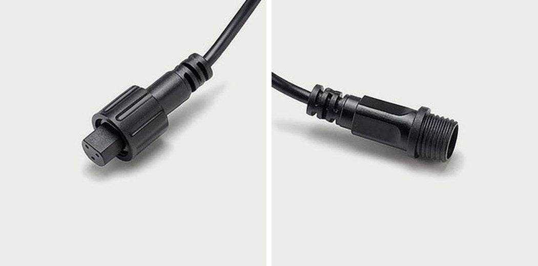 Close-ups of a 3-pin round speed sensor plug with a threaded coupling, both ends of an extension cable