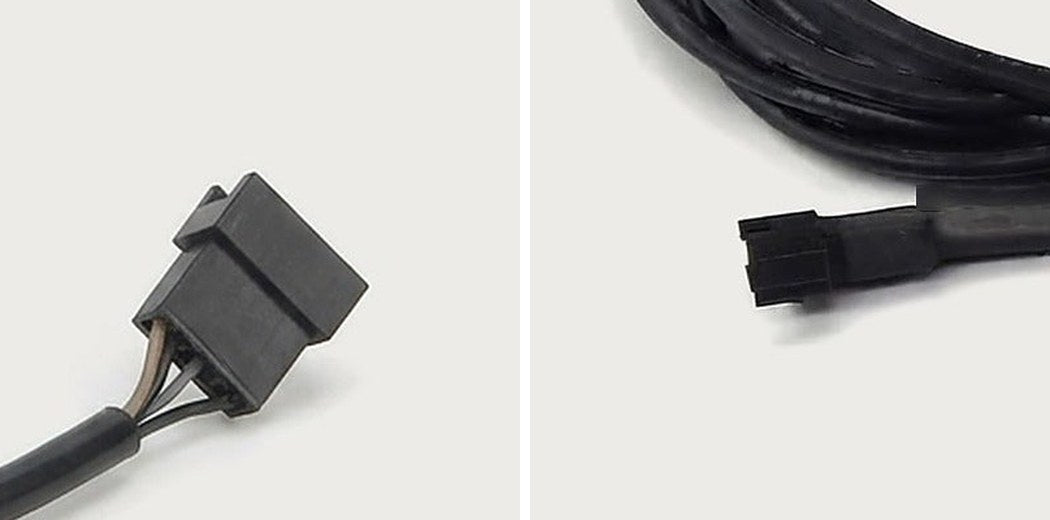 Close-ups of two small black SM plugs: a 6-pin plug on a thumb throttle on the left, a 2-pin plug on a brake cut-off sensor on the right